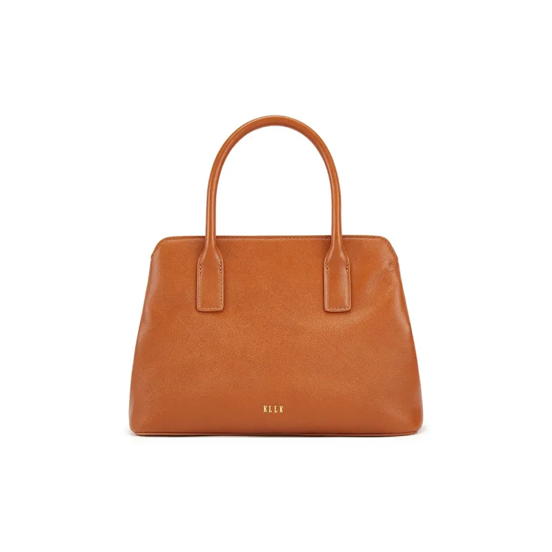 ELLE Vegetable Tanned Top Grain Cow Leather Shoulder Bag, Crossbody Bag, Handbag Medium Size Women's Black/Tan/Caramel-8
