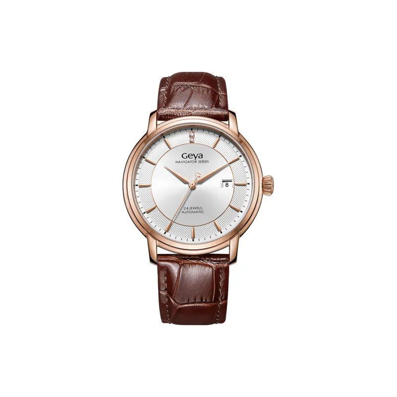 GEYA Mechanical Movement Genuine Leather Strap Watch Men's Watches White Dial-0