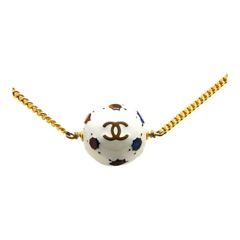 CHANEL 1998 Plated Enamel Cc Socker Ball Pendant Costume Necklace-2