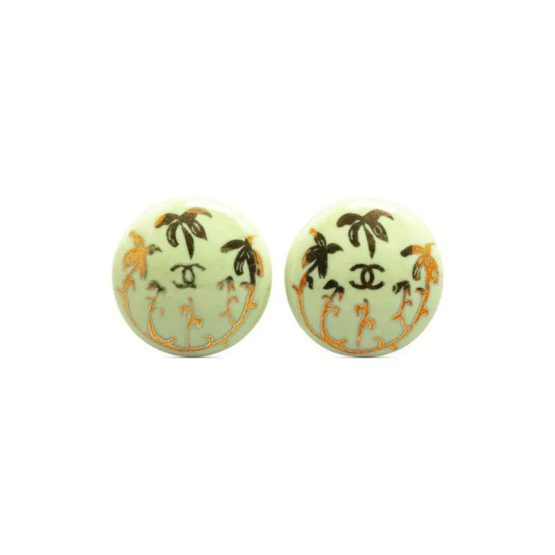 CHANEL 1997 Gold Plated Resin Cc Round Clip On Costume Earrings-0
