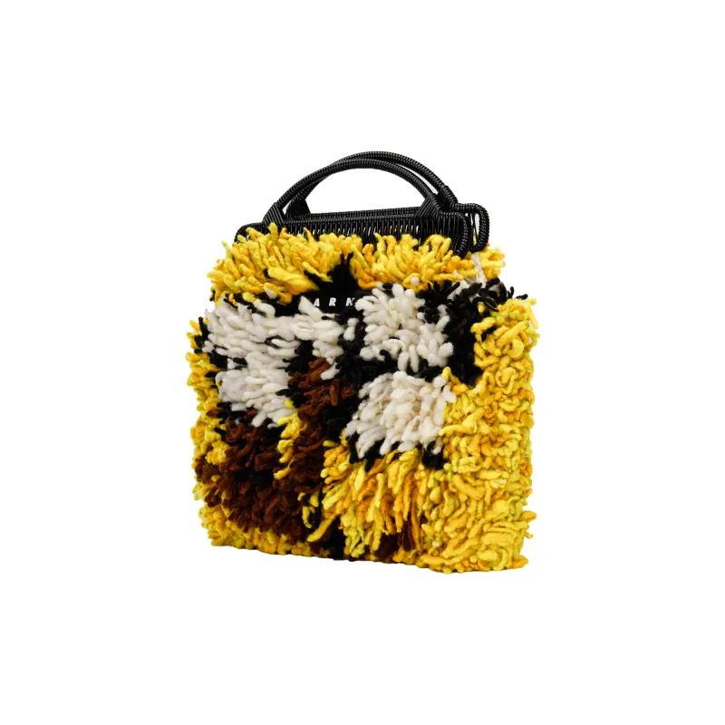 MARNI Shearling Grass Fabric, Leather Logo Handbag Women's Yellow/Brown/White-3