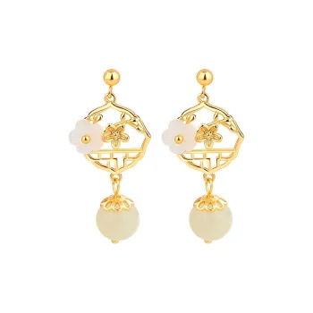MUSHIFEN Hetian Jade Earrings Pale Greenish White Jade Women's