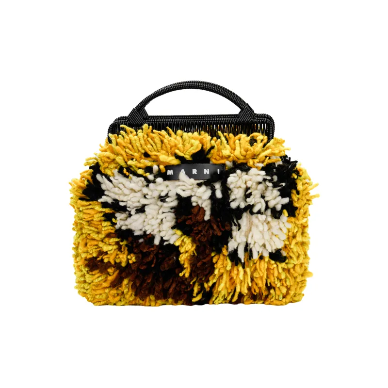 MARNI Shearling Grass Fabric, Leather Logo Handbag Women's Yellow/Brown/White-0
