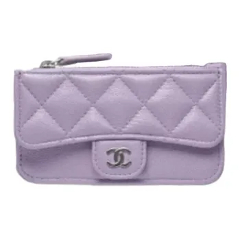 CHANEL Caviar Leather Card Holder Mini Women's Light Purple & Silver