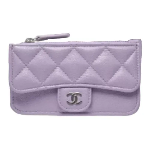 CHANEL Caviar Leather Card Holder Mini Women's Light Purple & Silver
