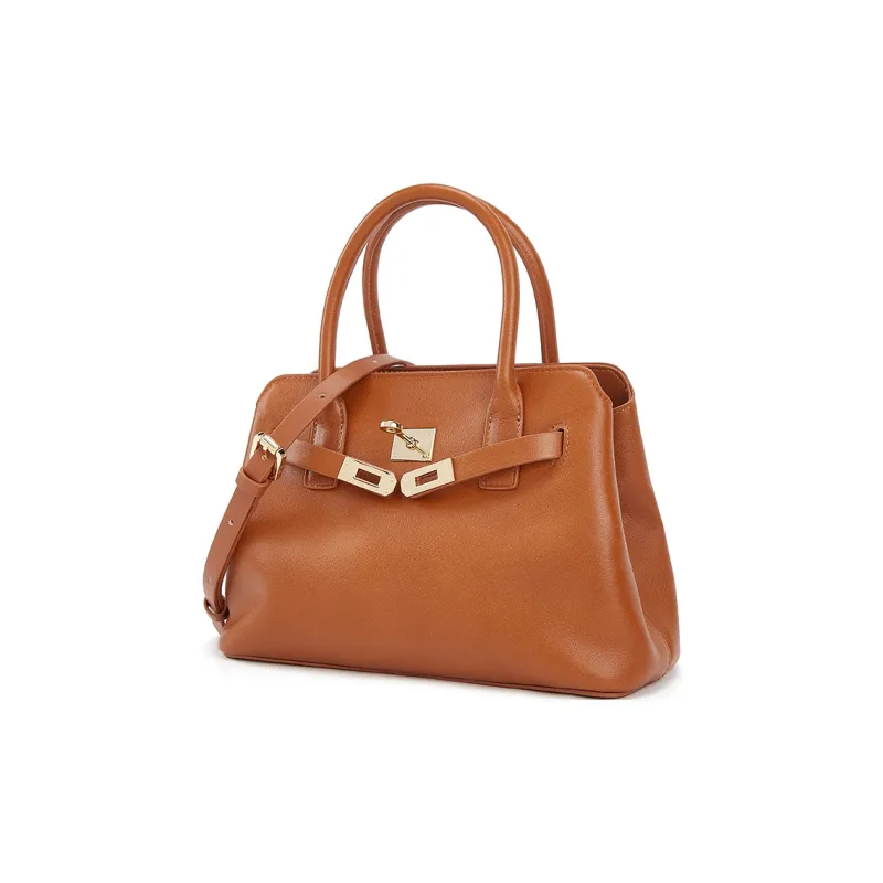 ELLE Vegetable Tanned Top Grain Cow Leather Shoulder Bag, Crossbody Bag, Handbag Medium Size Women's Black/Tan/Caramel-7