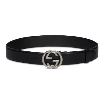 GUCCI Leather Ruthenium Metal Leather Belts Men's Black Width  3.8CM