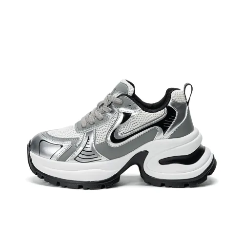 EXULL Q Height Increasing Abrasion Resistant Lightweight Slip Resistant Low Top Chunky Sneakers Women's Silver