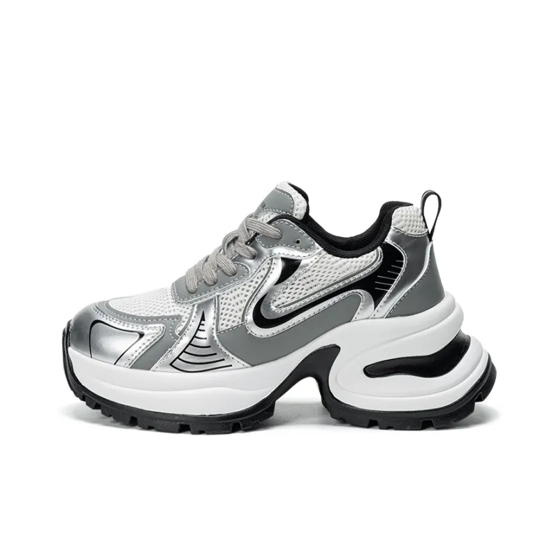 EXULL Q Height Increasing Abrasion Resistant Lightweight Slip Resistant Low Top Chunky Sneakers Women's Silver-0