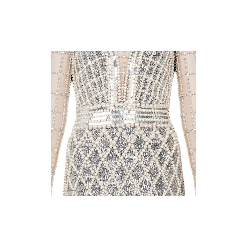 BALMAIN Pearl Embroidered Short Dress Long-Sleeved Dresses Women's Silver-6