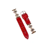 Rose Gold White Diamond Red Bamboo Grain Leather Strap