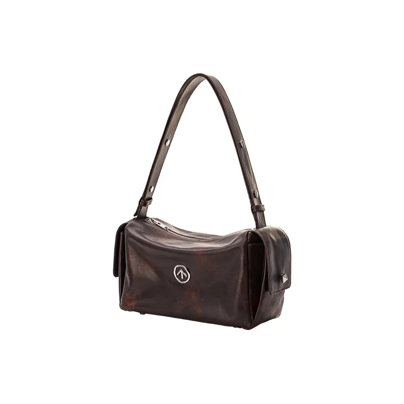 GROTTO Cow Leather Shoulder Bag Regular Women's Burnt Wood Brown/Charcoal Black-2