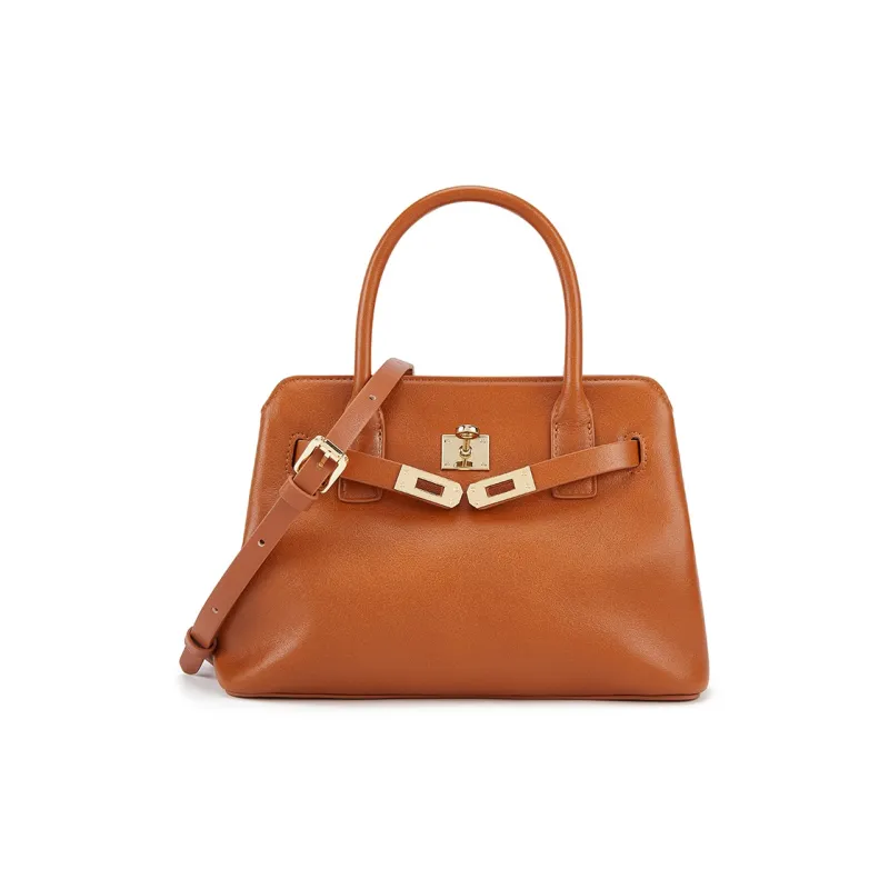 ELLE Vegetable Tanned Top Grain Cow Leather Shoulder Bag, Crossbody Bag, Handbag Medium Size Women's Black/Tan/Caramel-6