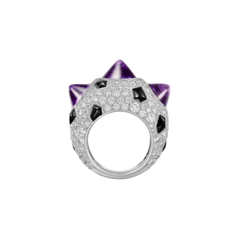 CARTIER 18K White Gold Onyx Amethyst Diamond Rings Women's Silver-0