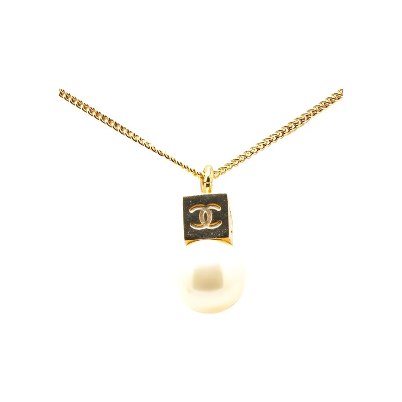 CHANEL 2002 Plated Cc Cube Faux Pearl Pendant Costume Necklace-0