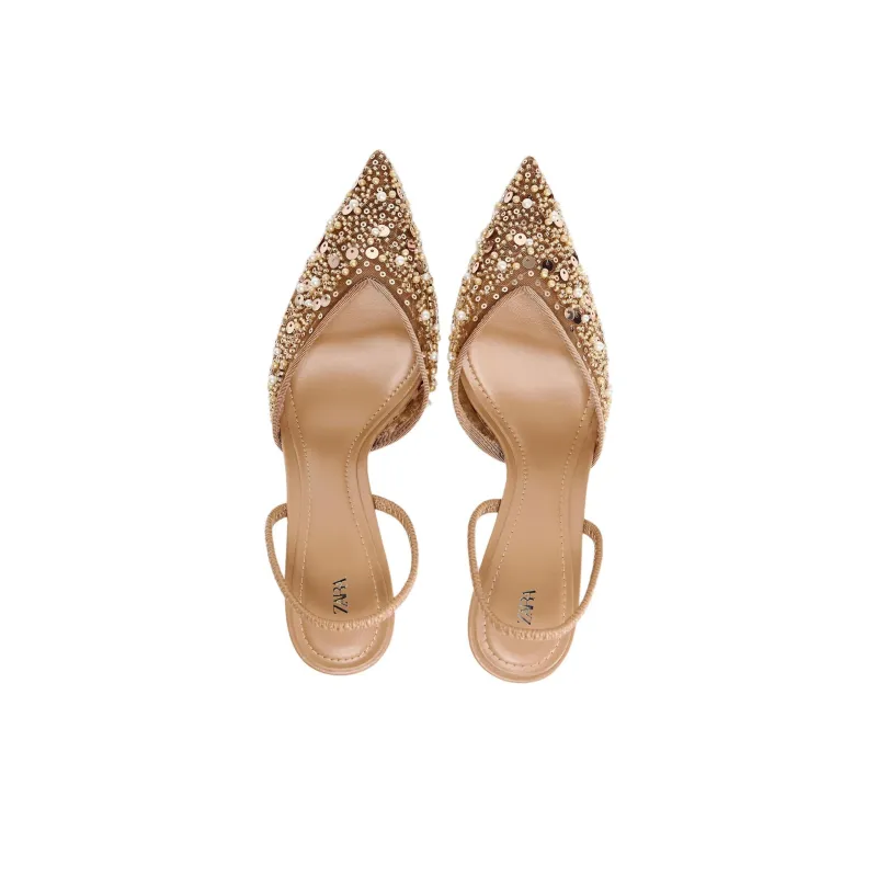 ZARA Slim Heel High Heels 8cm Women's Light Beige-3