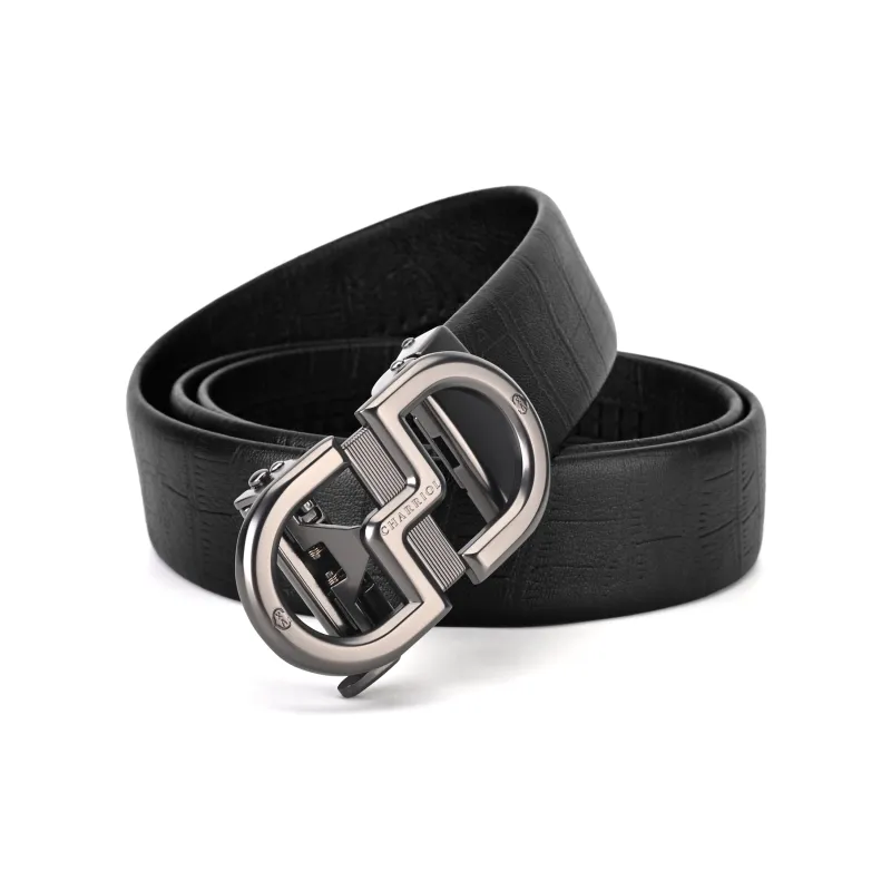 CHARRIOL High Quality Top Grain Cow Leather Zinc Alloy Automatic Buckle Head Belt Men's Black 3.5cm-1