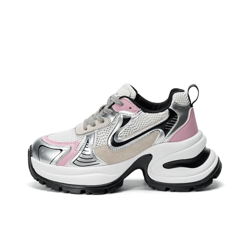 EXULL Q Height Increasing, Lightweight, Breathable, Slip Resistant Low Top Chunky Sneakers Women's Pink Silver-0