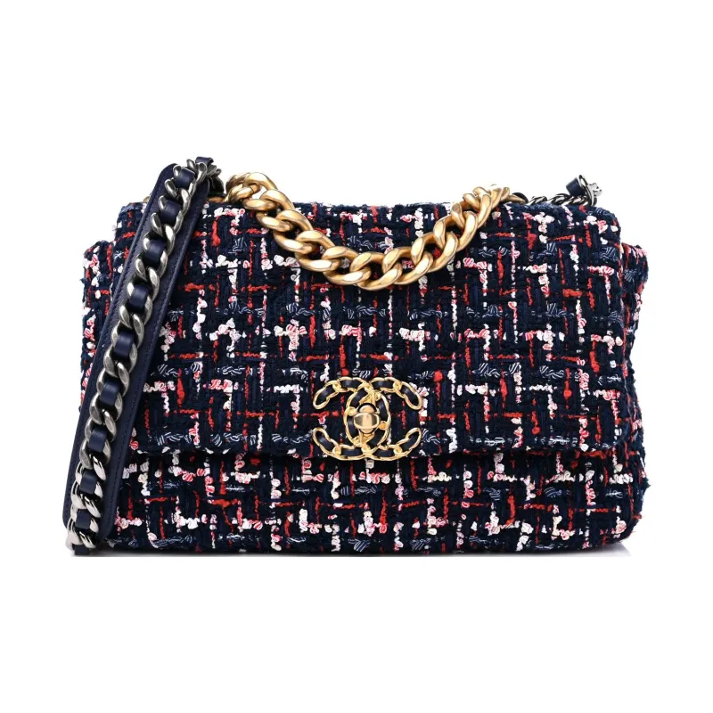 CHANEL Tweed Shoulder Bag, Crossbody Bag Medium Size Women's Marine Blue & Red-0
