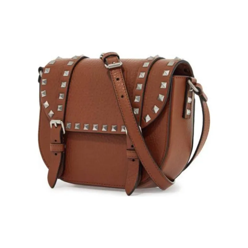 Valentino Rockstud Grained Calfskin Messenger Bag Crossbody Bag Shoulder Bag Small Size Women's Brown-1