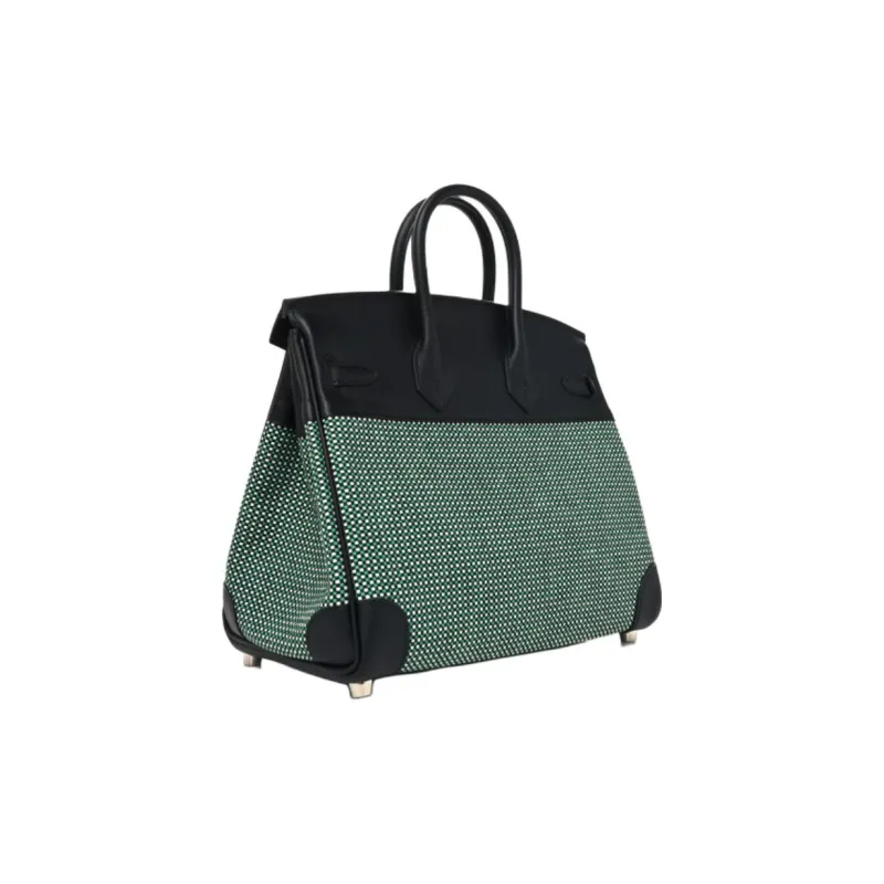 HERMES Birkin Canvas With Swift Leather Birkin Bag Handbags Women's Black/white/mint-1