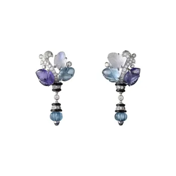 CARTIER White Gold Aquamarine Tanzanite Moonstone Onyx Diamond Earrings Women's Silver