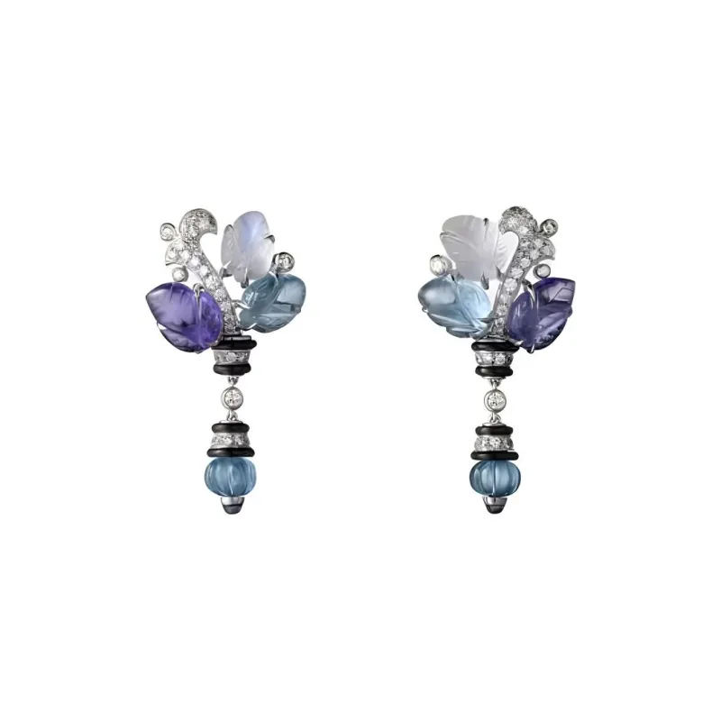 CARTIER White Gold Aquamarine Tanzanite Moonstone Onyx Diamond Earrings Women's Silver-0