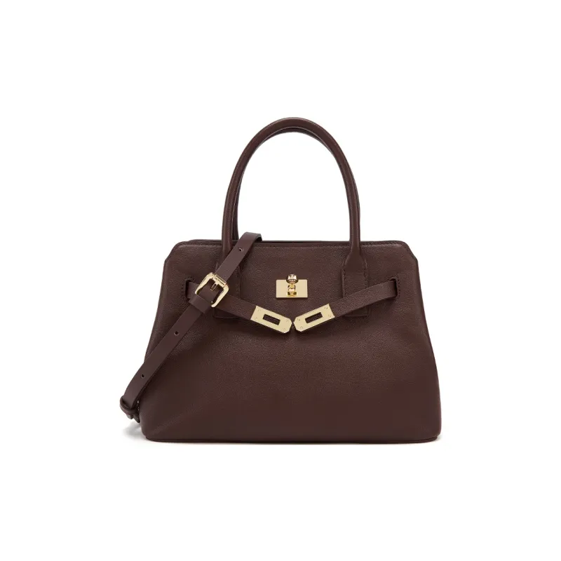 ELLE Vegetable Tanned Top Grain Cow Leather Shoulder Bag, Crossbody Bag, Handbag Medium Size Women's Black/Tan/Caramel-3