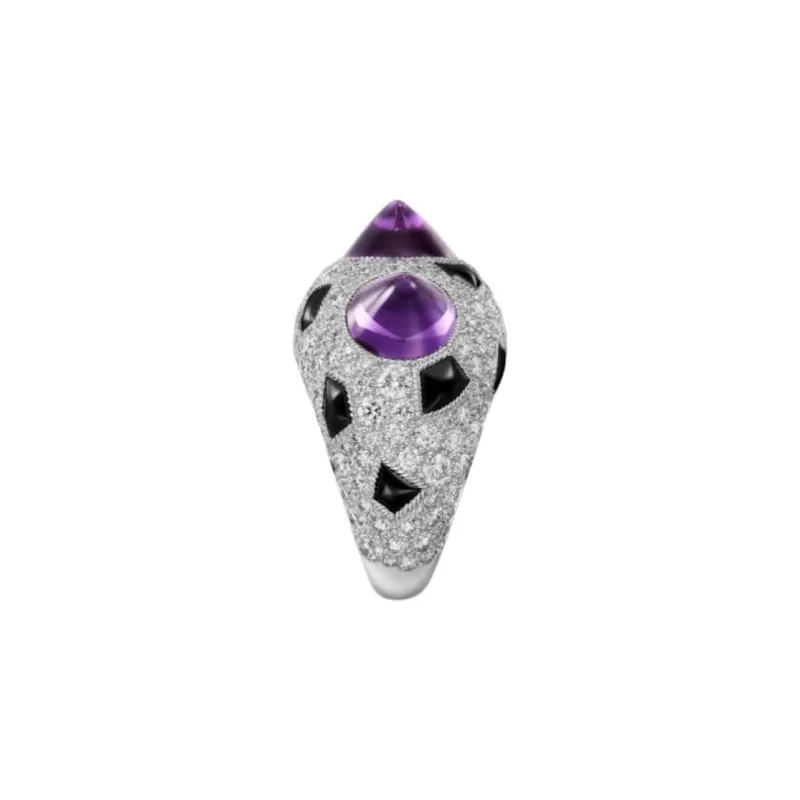 CARTIER 18K White Gold Onyx Amethyst Diamond Rings Women's Silver-2