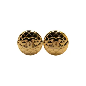 CHANEL 1980 1990 Plated Cc Quilted Clip On Costume Earrings
