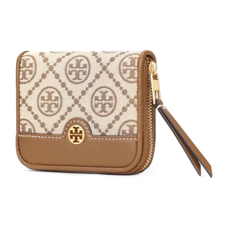 TORY BURCH T Monogram Cotton With Calfskin Wallet Women's Camel Brown-1