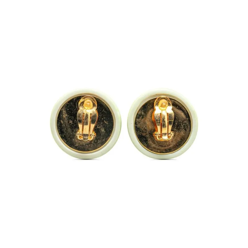 CHANEL 1997 Gold Plated Resin Cc Round Clip On Costume Earrings-1