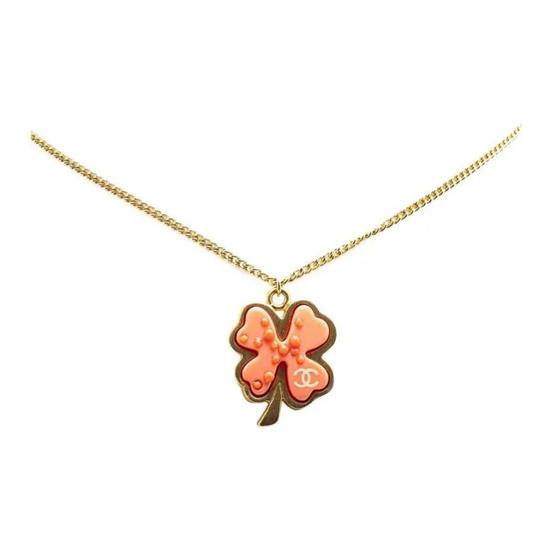 CHANEL 2003 Gold Plated And Resin Clover Pendant Necklace Costume Necklace-0