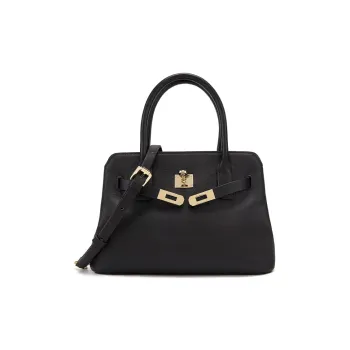 ELLE Vegetable Tanned Top Grain Cow Leather Shoulder Bag, Crossbody Bag, Handbag Medium Size Women's Black/Tan/Caramel