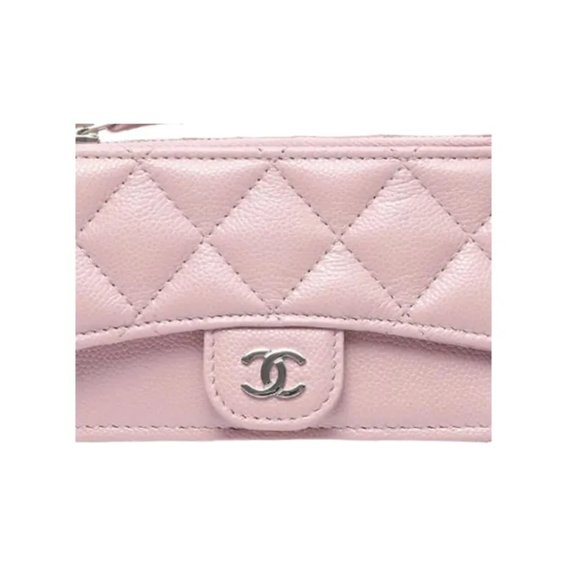 CHANEL Fish Paste Leather Card Holder Mini Women's Gray Pink Color Blocking Silver-1