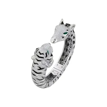 CARTIER White Gold Diamond Emerald Onyx Bangles Unisex Silver