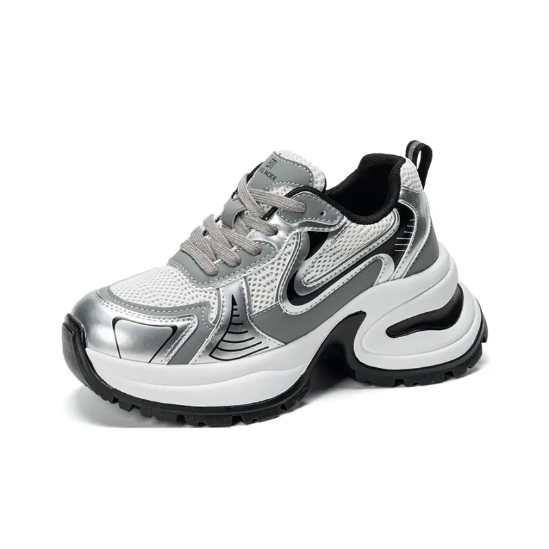 EXULL Q Height Increasing Abrasion Resistant Lightweight Slip Resistant Low Top Chunky Sneakers Women's Silver-1