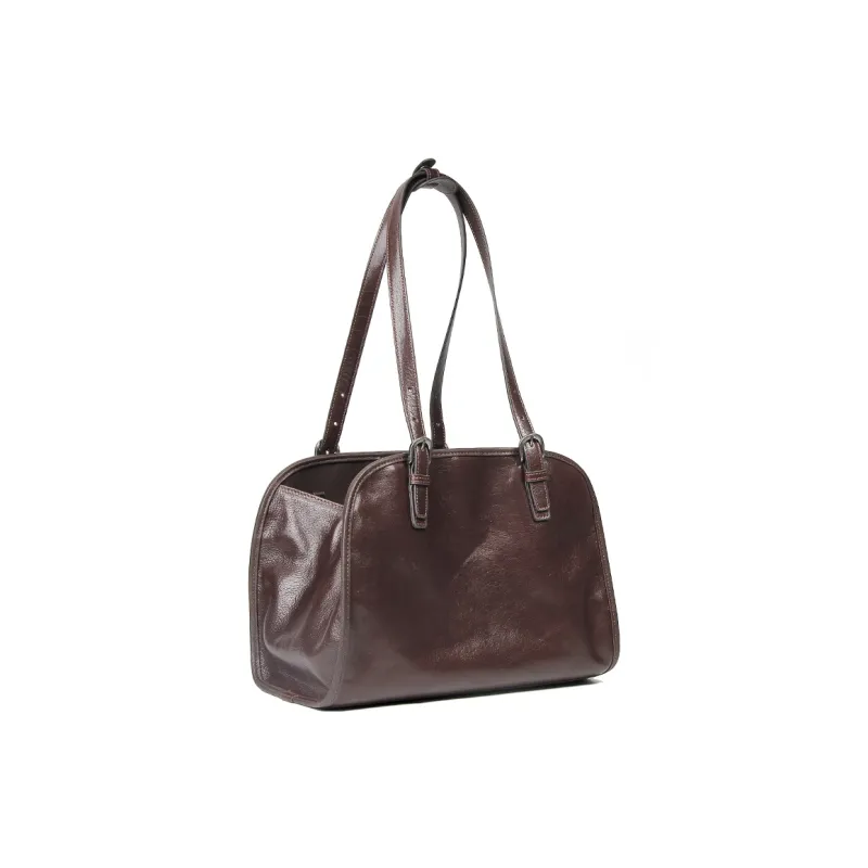 YOCAMU Vegetable Tanned Cow Leather Shoulder Bag Regular Women's Coffee/Black-1
