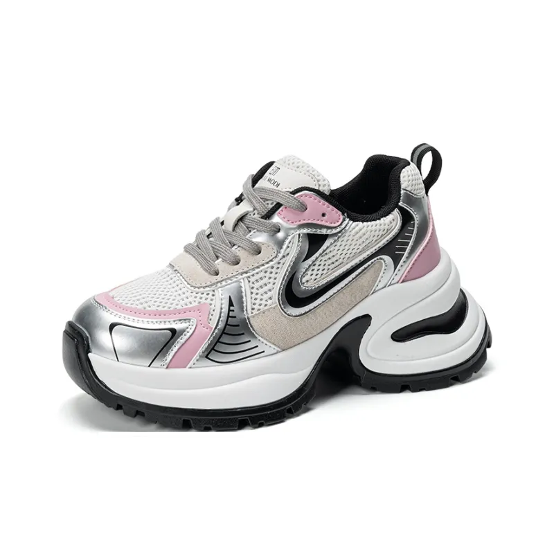 EXULL Q Height Increasing, Lightweight, Breathable, Slip Resistant Low Top Chunky Sneakers Women's Pink Silver-1