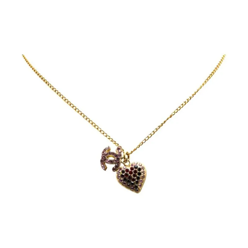 CHANEL 2002 Plated Rhinestone Cc Heart Pendant Costume Necklace-2