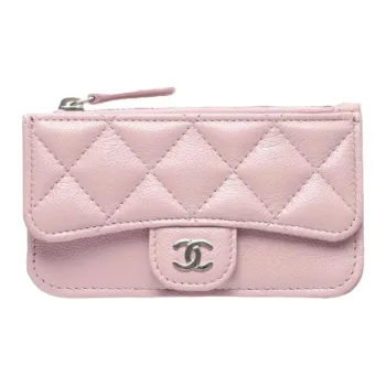 CHANEL Fish Paste Leather Card Holder Mini Women's Gray Pink Color Blocking Silver