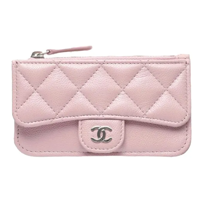 CHANEL Fish Paste Leather Card Holder Mini Women's Gray Pink Color Blocking Silver-0