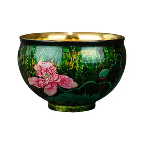 RONGJUN High-End Elegant Fuzhou Lacquer Hand-Drawn Lotus Jian Ware Tea Cup With 24K Gold Gilding Premium Box Included