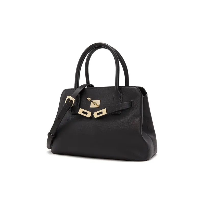 ELLE Vegetable Tanned Top Grain Cow Leather Shoulder Bag, Crossbody Bag, Handbag Medium Size Women's Black/Tan/Caramel-1