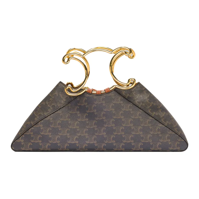 CELINE Triomphe Calfskin Triangle Bag Clutch Handbag Women's Tawny-4