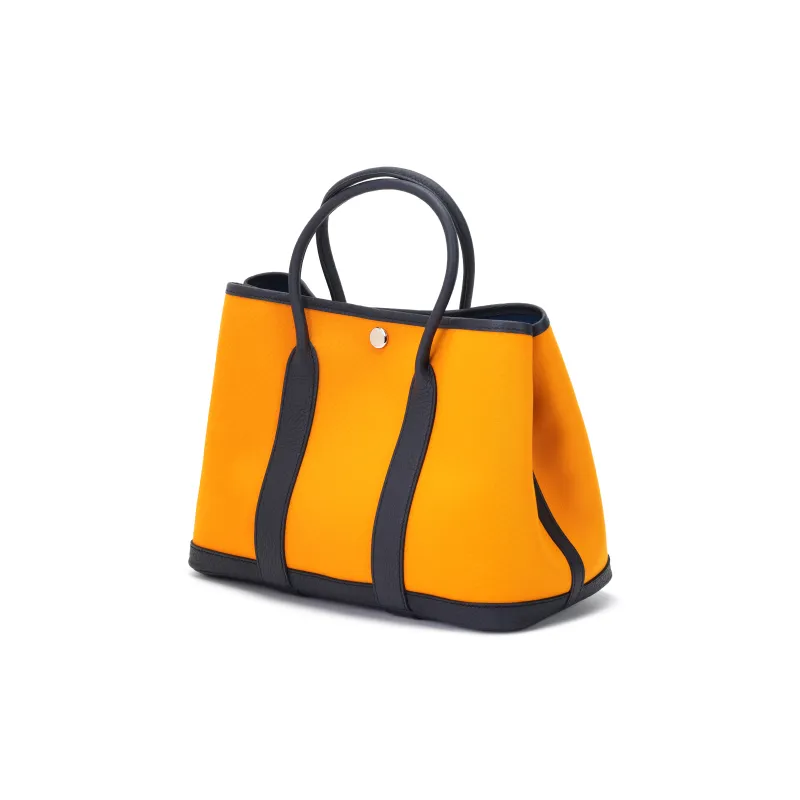 HERMES Garden Party Officier Canvas With Negonda Calfskin Canvas Bag Handbags Unisex Gold/Ultramarine Blue/Indigo-3