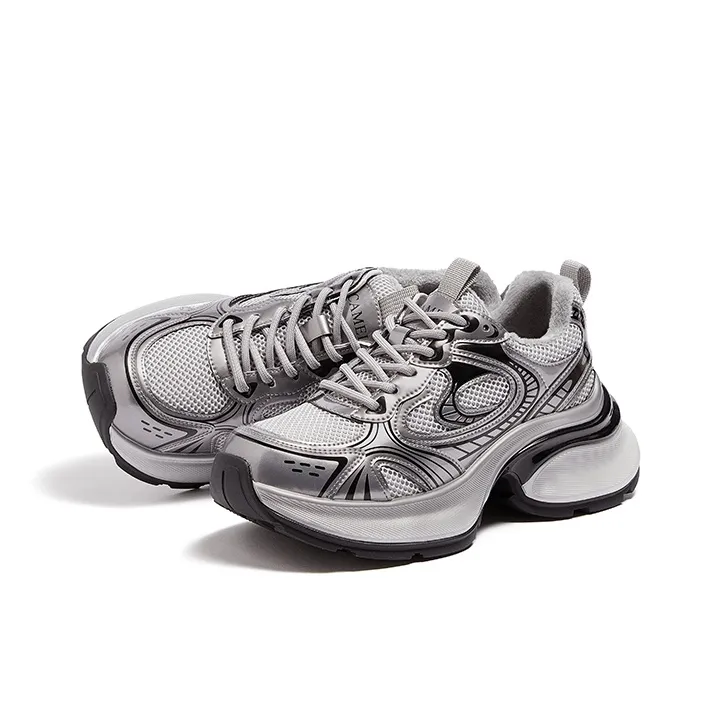 CAMEL Chunky Sneakers Women's Low Top Gray Silver/Beige Gray/Gun Black-3