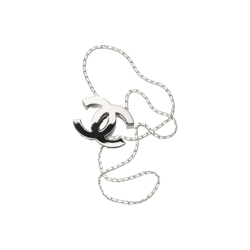 CHANEL Metal Calf Leather Necklaces Women's Silver-2