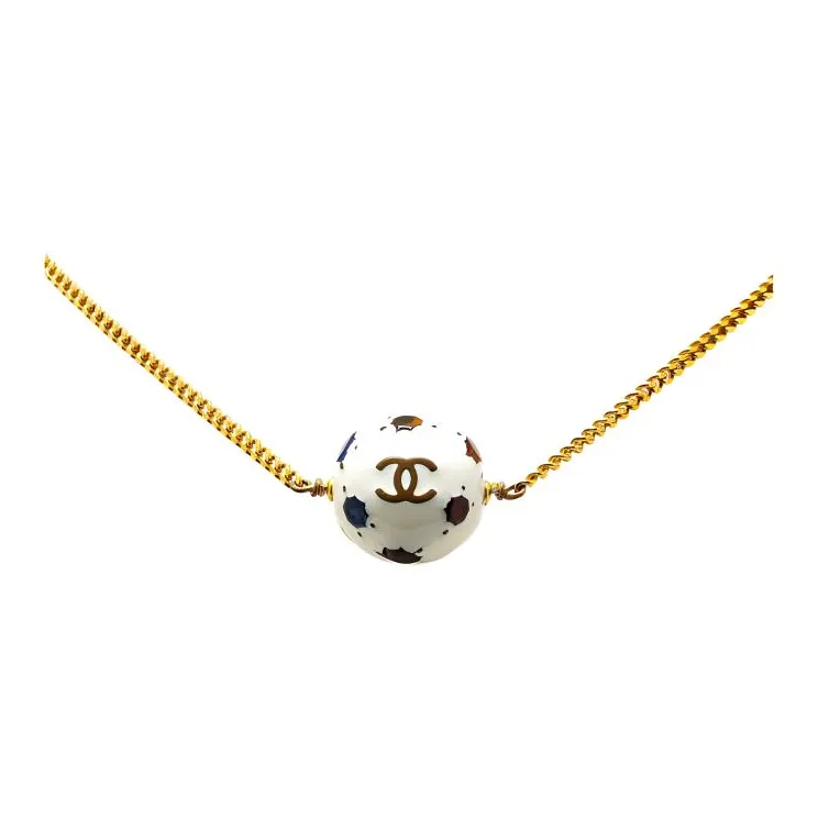 CHANEL 1998 Plated Enamel Cc Socker Ball Pendant Costume Necklace-1