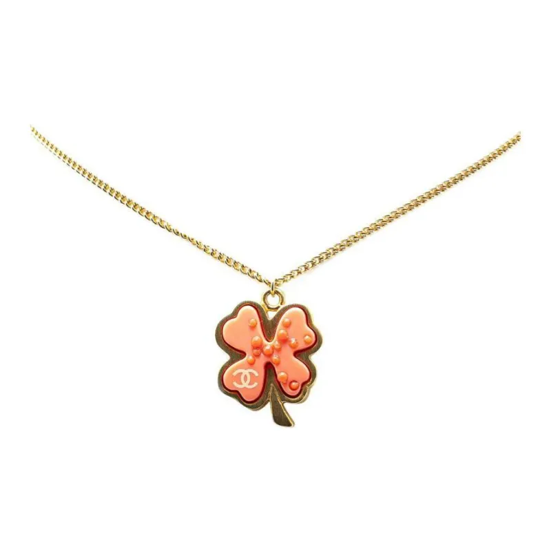 CHANEL 2003 Gold Plated And Resin Clover Pendant Necklace Costume Necklace-1